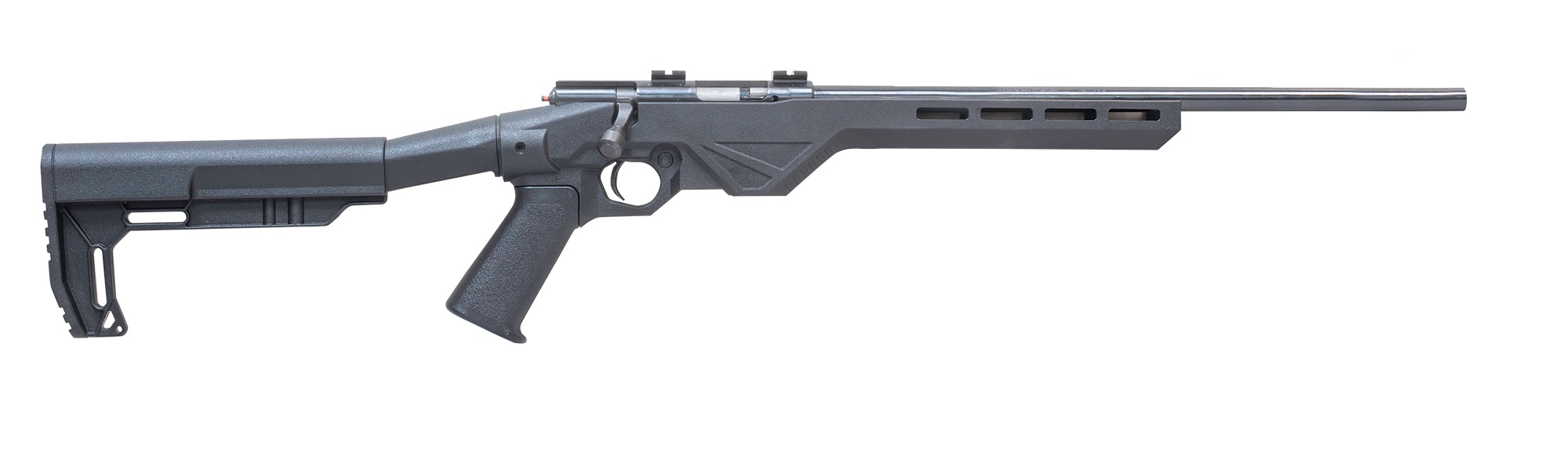 Black bolt-action rifle on white background