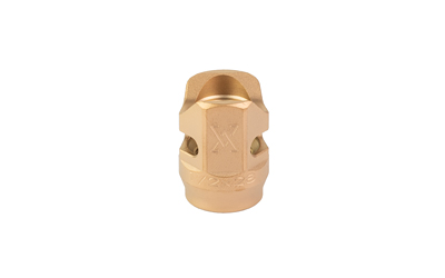 Gold metal muzzle brake component on white background