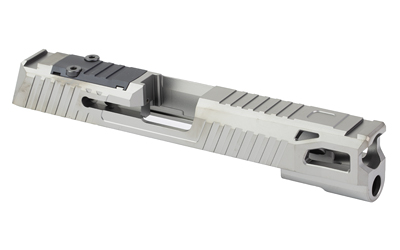 Silver handgun slide with vented cutouts