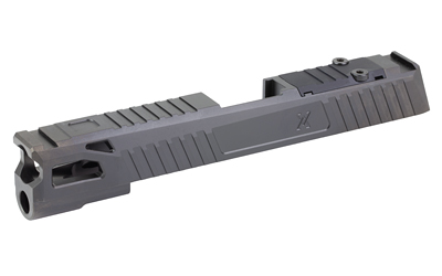 Gray handgun slide component on white background