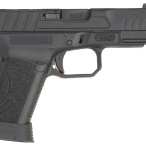Black semi-automatic pistol with threaded barrel