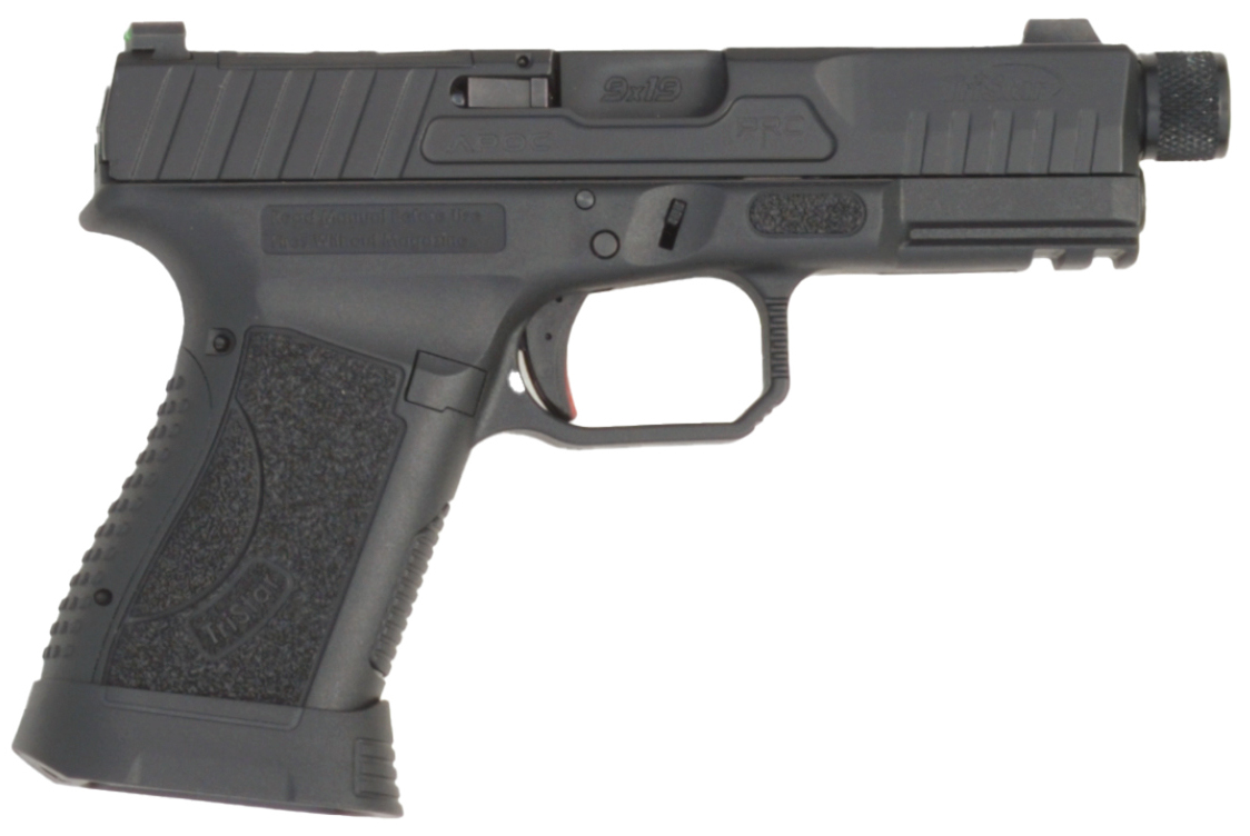 Black semi-automatic pistol with threaded barrel