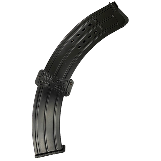 Curved black rifle magazine on white background