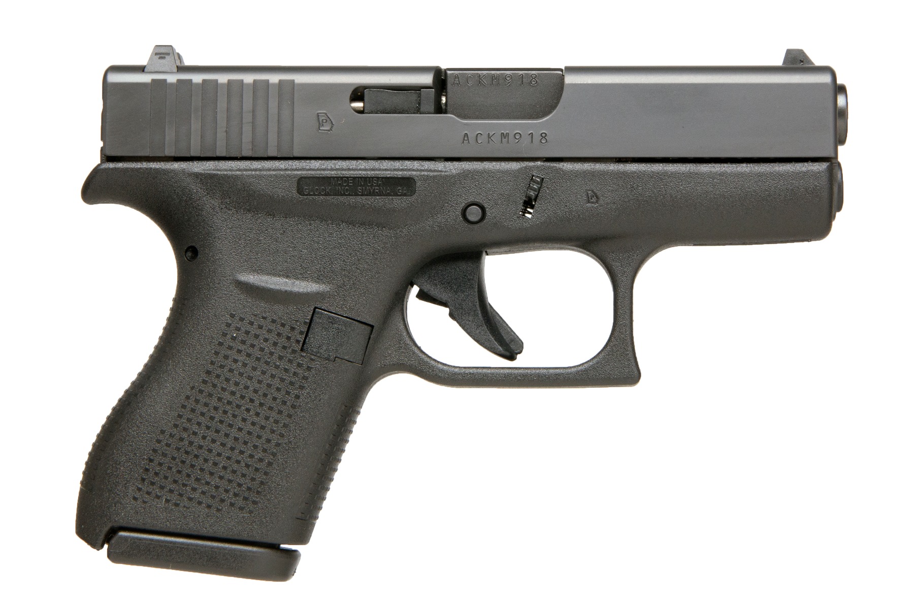 Black semi-automatic handgun on white background