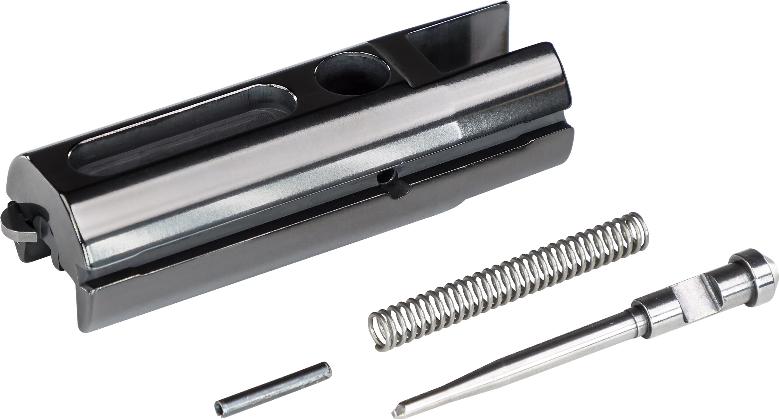 Disassembled firearm components on white background