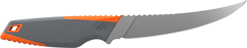 Gray and orange fixed-blade knife on white background