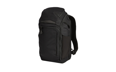 Black multi-compartment backpack on white background