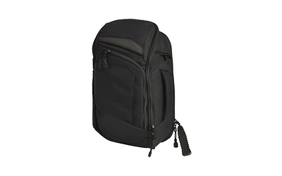Black multi-compartment backpack on white background