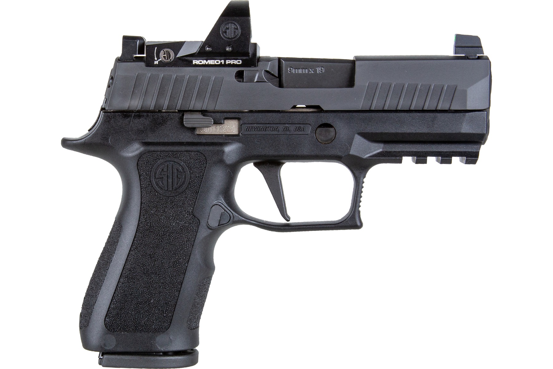 Black semi-automatic handgun with optic sight