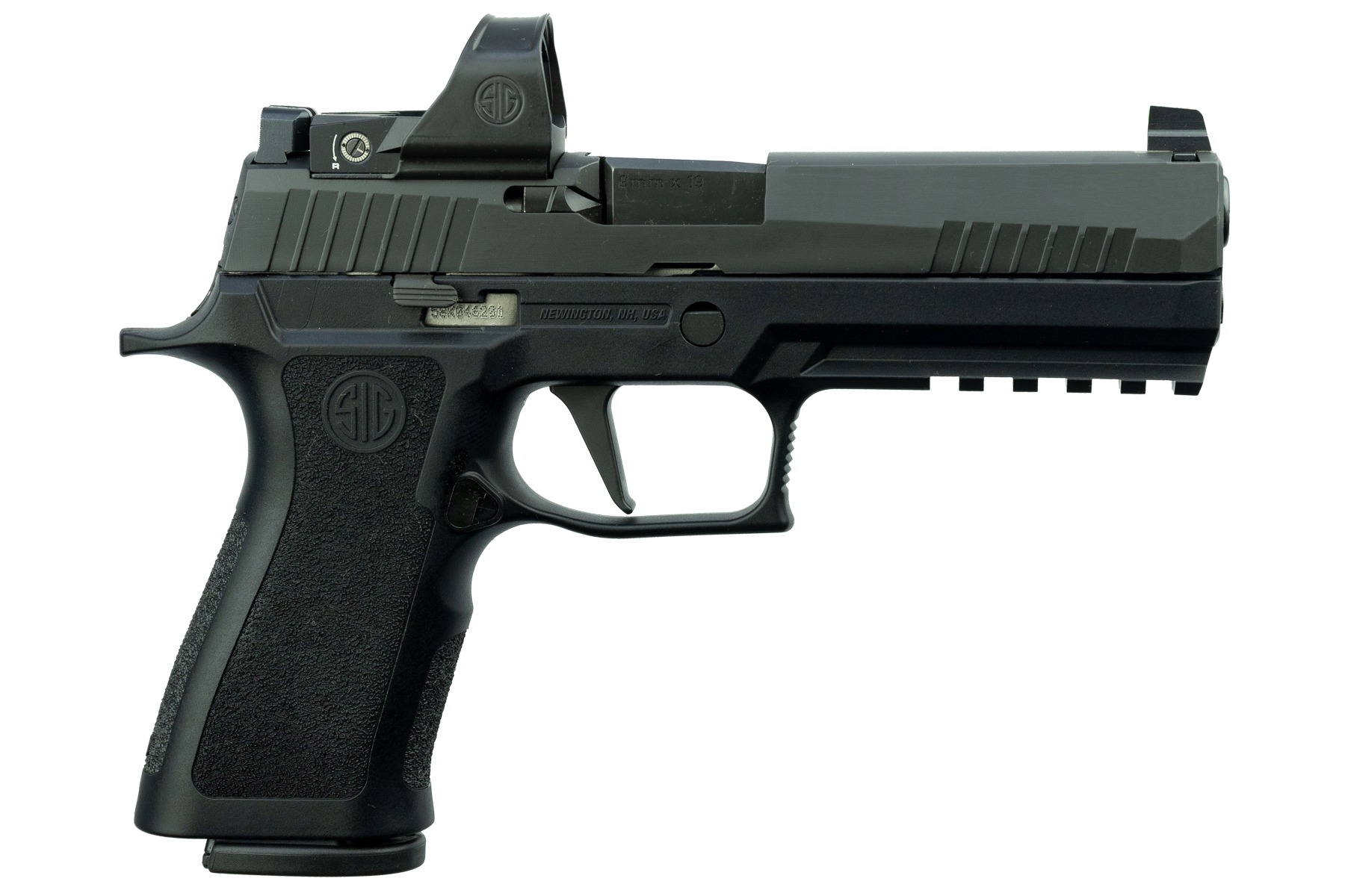 Black handgun with red dot sight