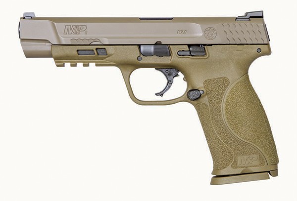 S&W M&P semi-automatic handgun in tan color.