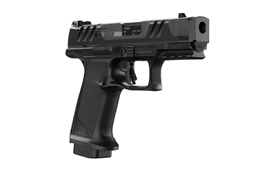 Black semi-automatic handgun on white background