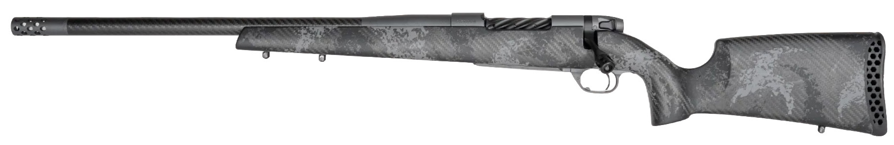 Gray camo bolt-action hunting rifle