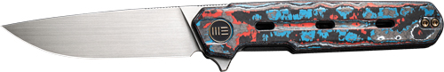 Folding knife with blue and red patterned handle
