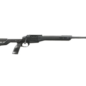 Modern rifle with carbon fiber stock and sleek design.