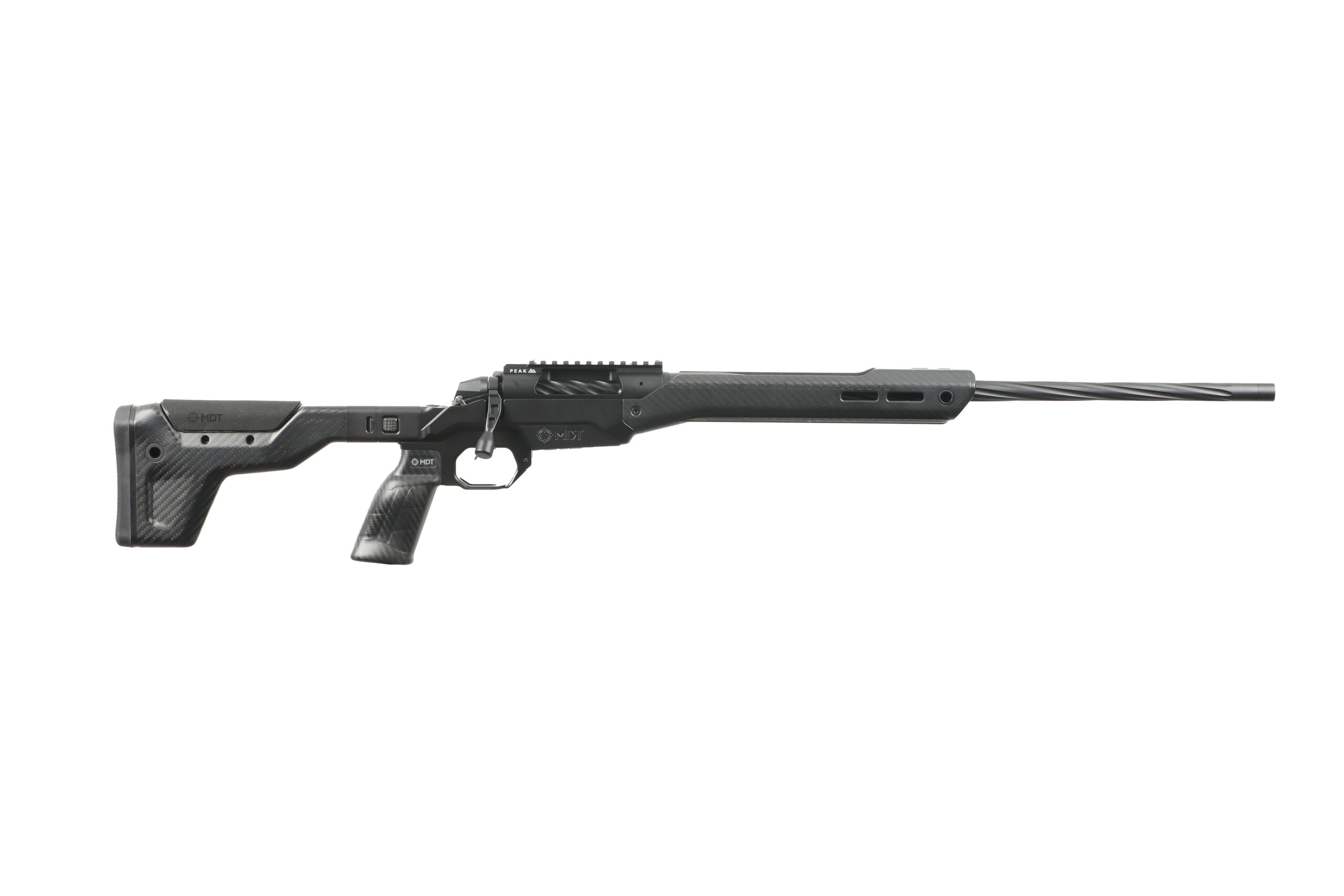 Modern rifle with carbon fiber stock and sleek design.
