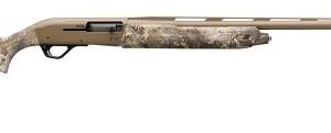 Camouflage pump-action shotgun on white background