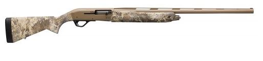 Camouflage pump-action shotgun on white background