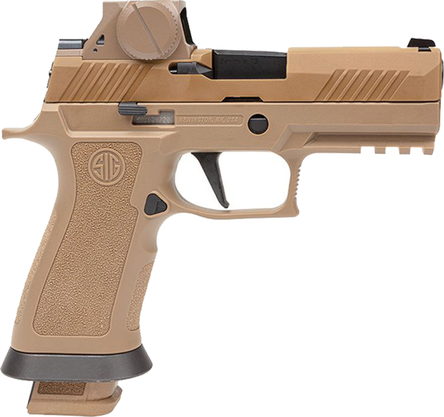 Tan semi-automatic handgun with red dot sight