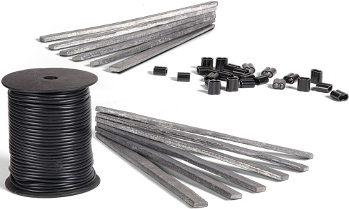 Metal bars, wire spool, and connectors