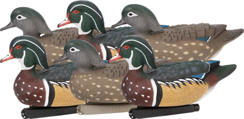 Six wooden duck decoys arranged in two rows