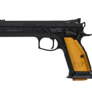Black semi-automatic pistol with gold grip panel