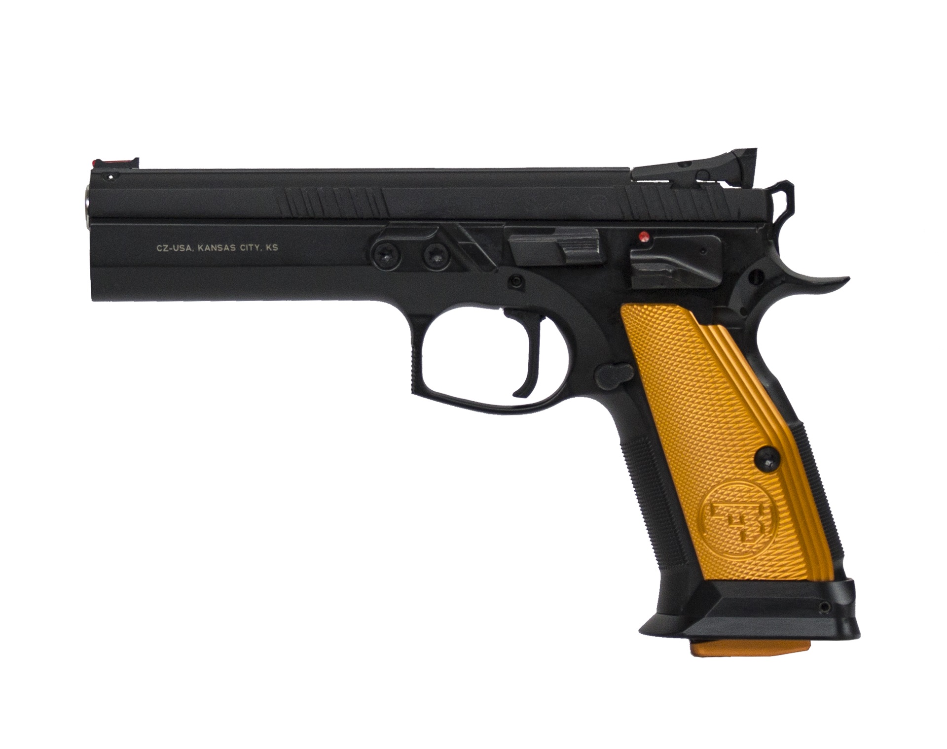 Black semi-automatic pistol with gold grip panel