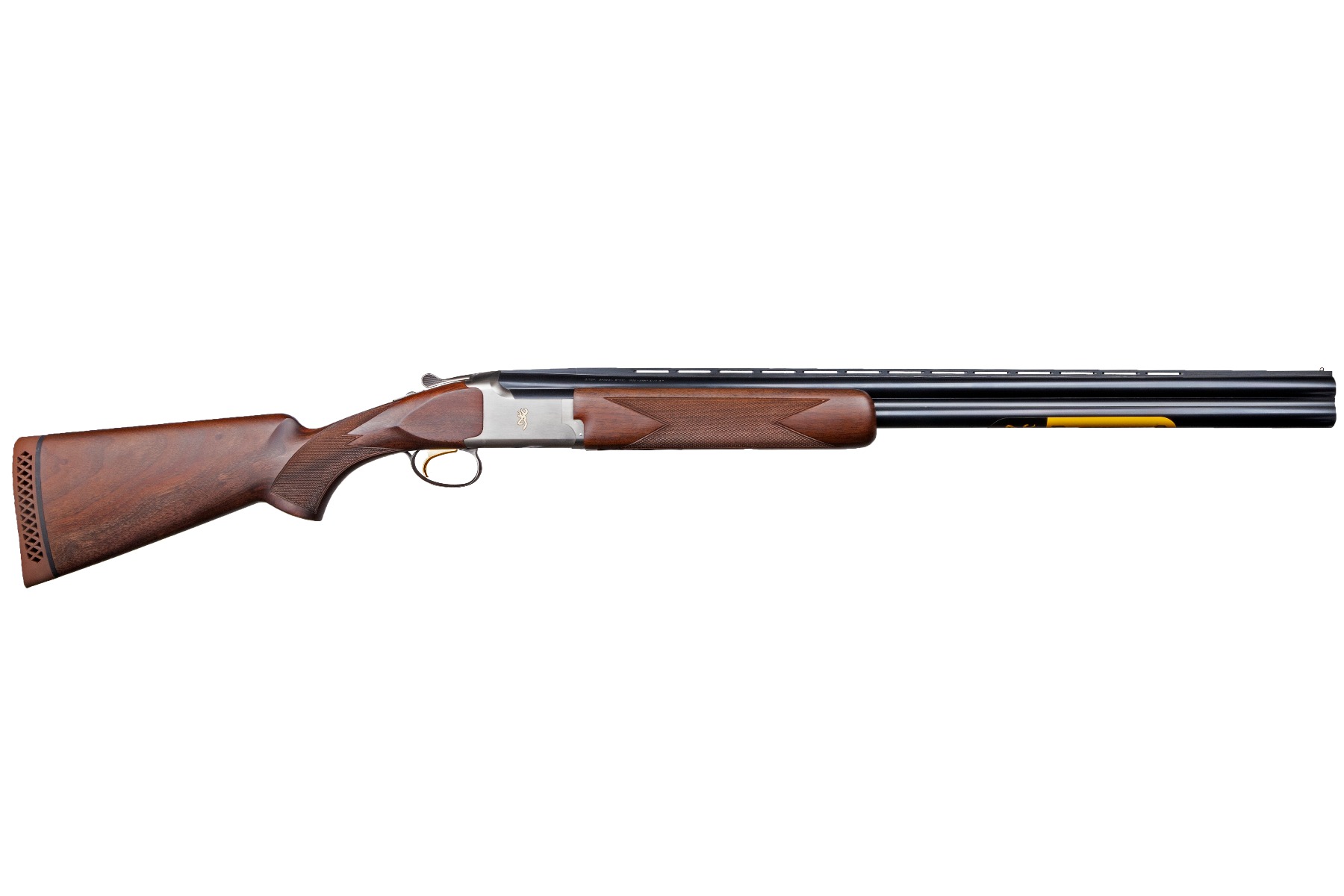 Double-barrel shotgun with wooden stock on white