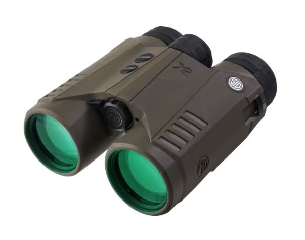 Tan binoculars with green objective lenses