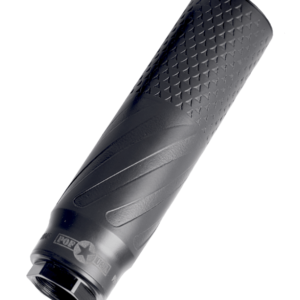 Black textured cylindrical firearm suppressor on white background
