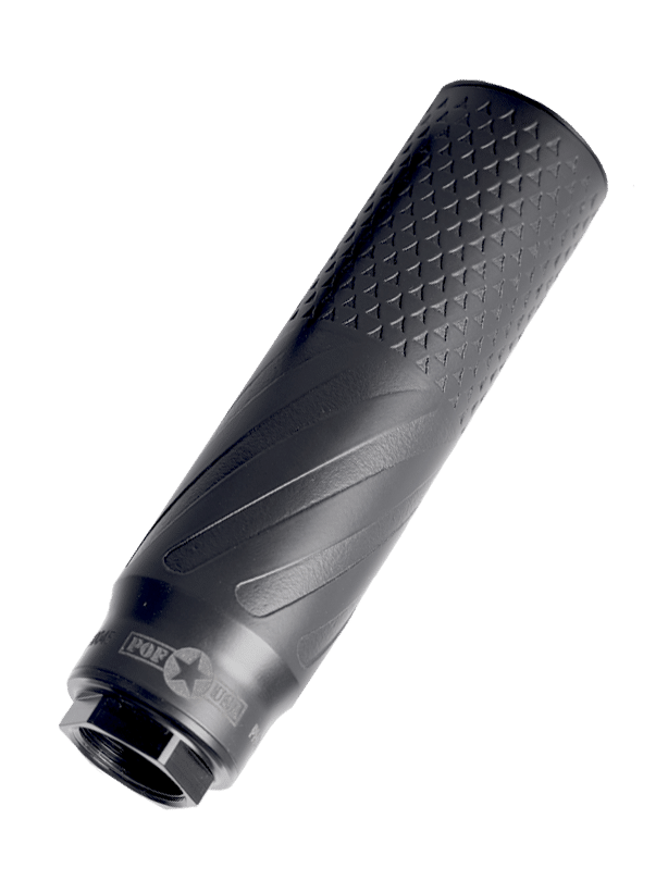 Black textured cylindrical firearm suppressor on white background