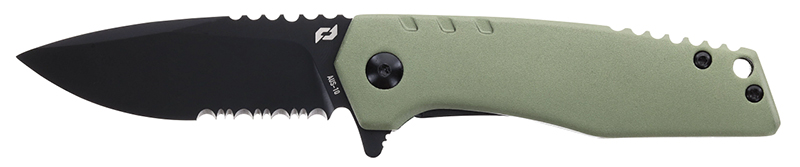 Black serrated folding knife with green handle