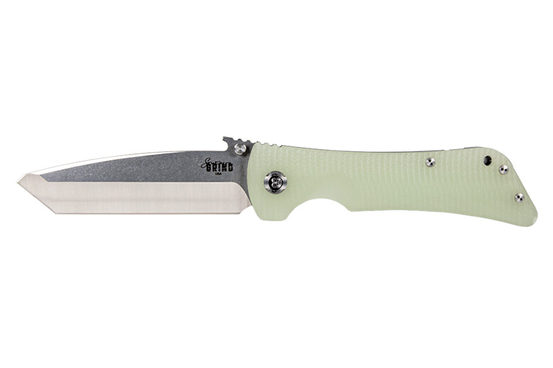 Folding knife with tanto blade and green handle