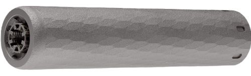 Gray cylindrical firearm suppressor on white background