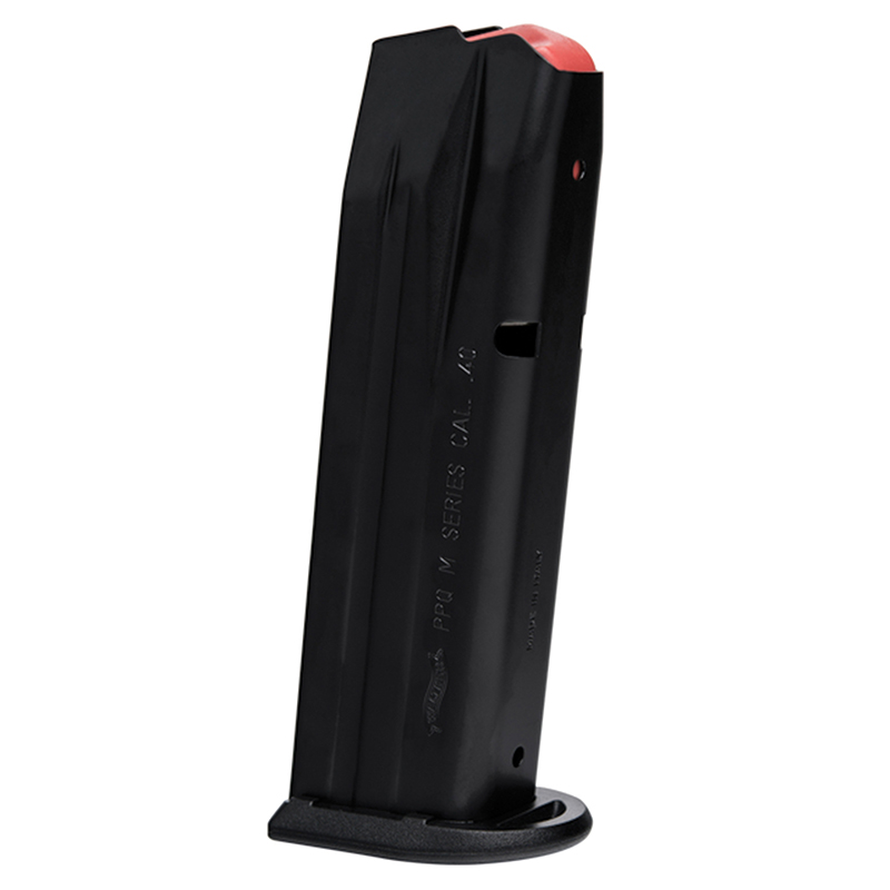 Black 9mm handgun magazine with red follower