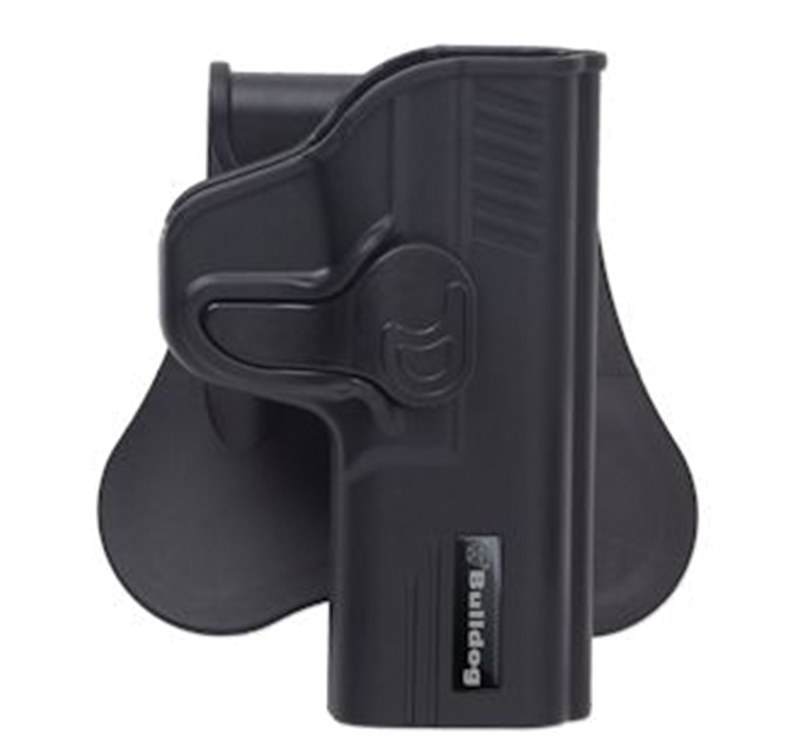 Black paddle-style handgun holster by Bulldog