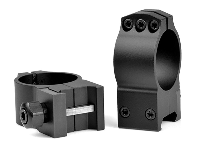 Black metal rifle scope mounting rings