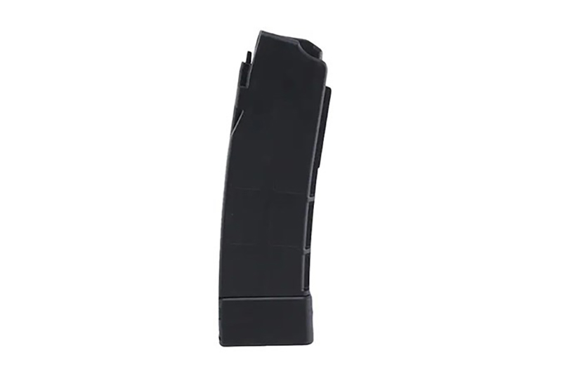 Black curved rifle magazine on white background