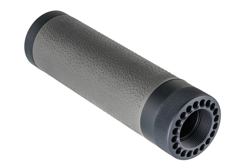 Black firearm suppressor with textured cylindrical body
