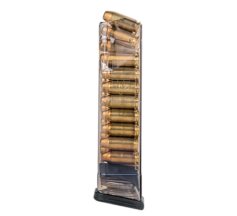Transparent pistol magazine loaded with brass cartridges