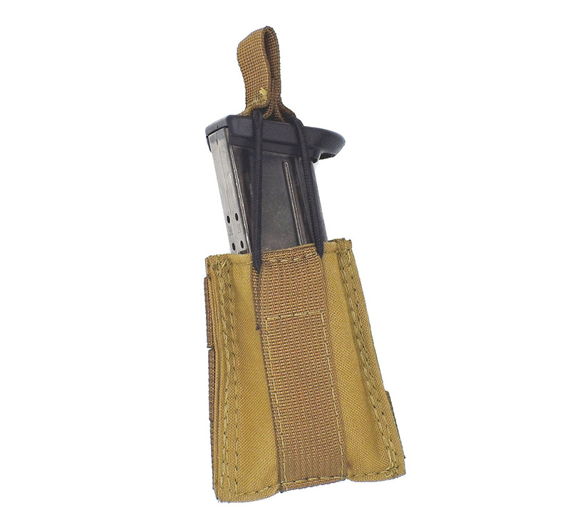 Handgun magazine in tan tactical pouch