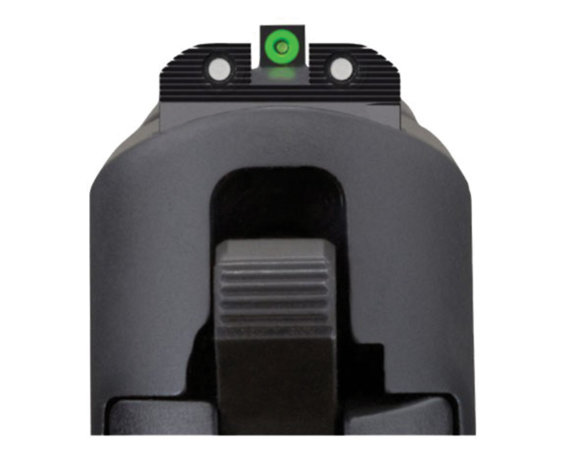 Close-up of handgun rear sight alignment