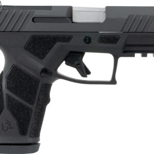 Black semi-automatic handgun on white background