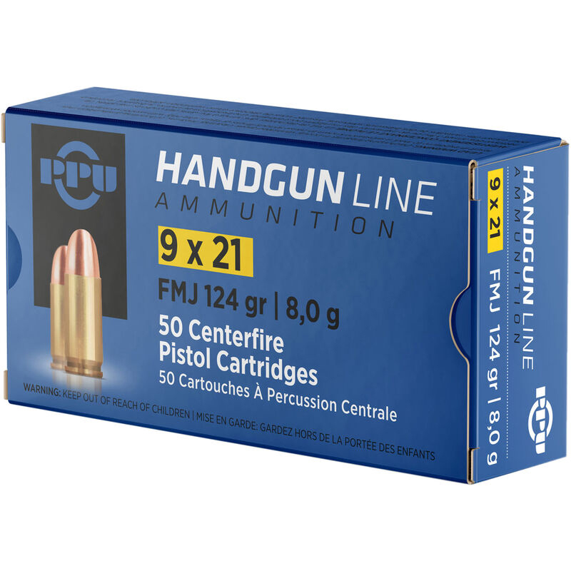 Box of 9x21 handgun ammunition cartridges
