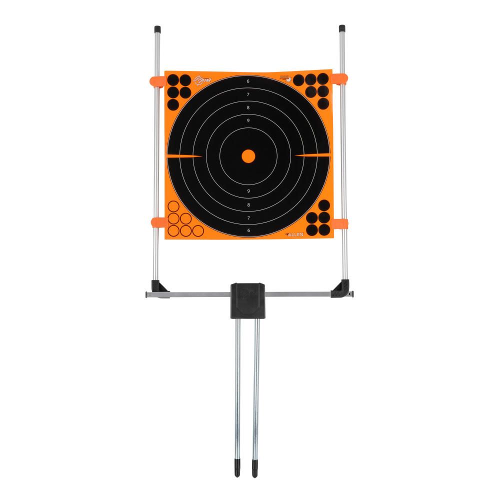 Orange and black bullseye target on stand