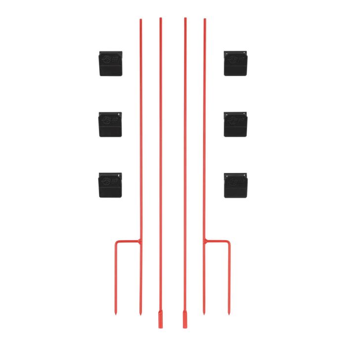 Red metal stakes with black square lights