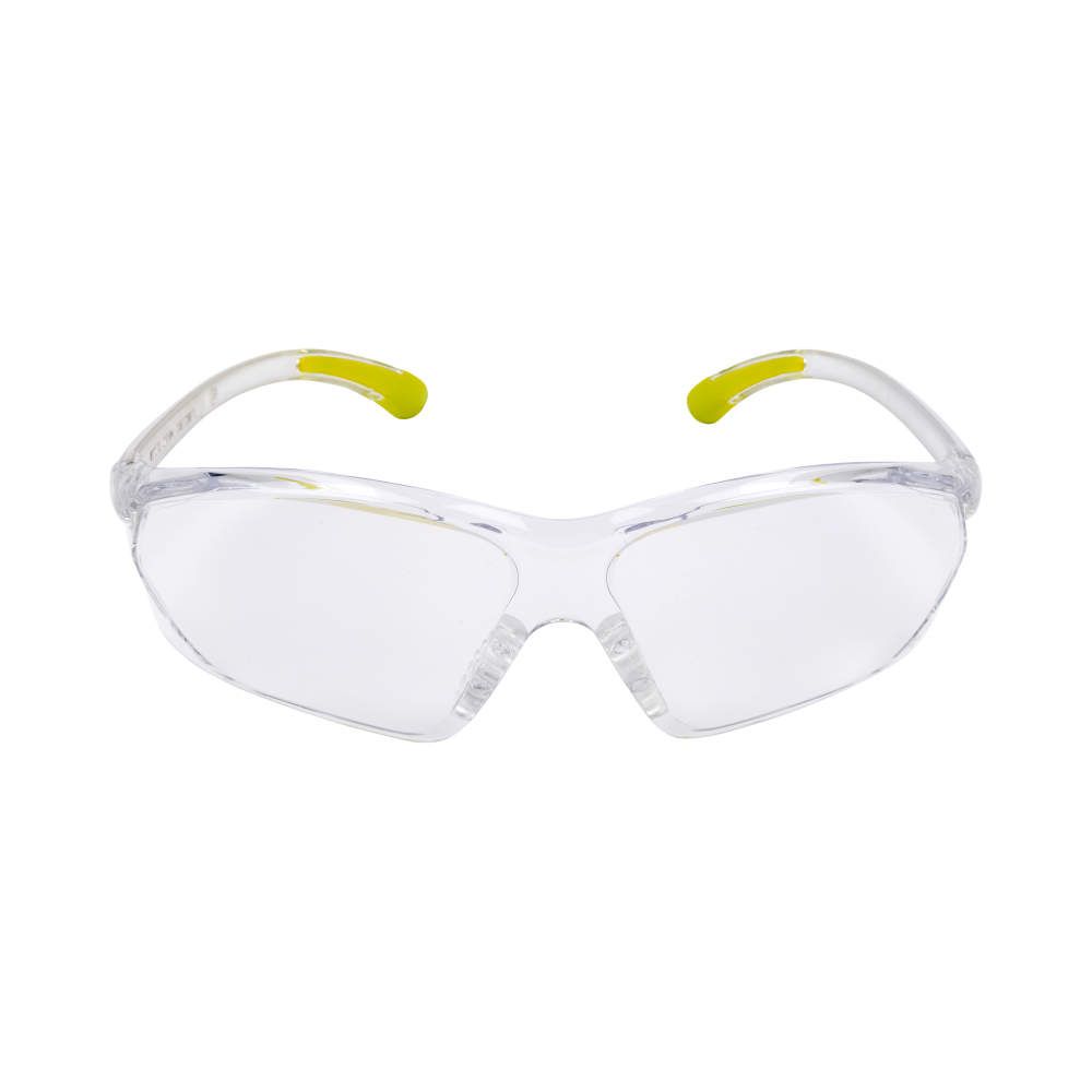 Clear safety glasses with yellow temple tips