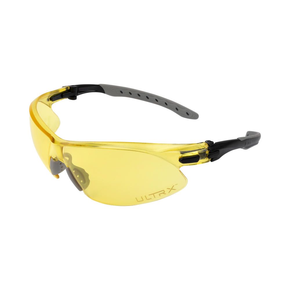 Yellow-tinted safety glasses with black frame