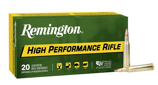 Remington High Performance Rifle ammunition box and cartridges