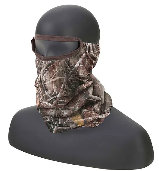 Camouflage face mask with neck coverage on mannequin